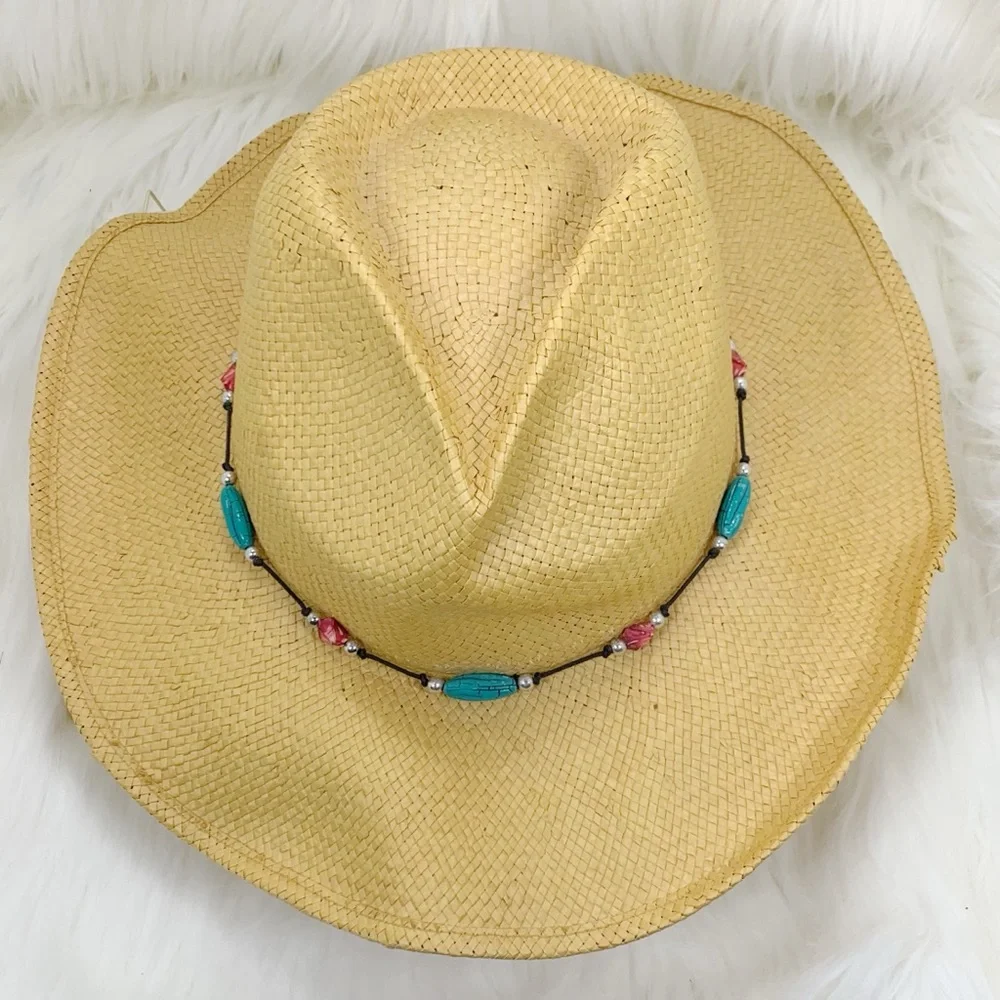 Golden Natural Fiber Cowboy Hat with Beaded Embellished String Tie Band